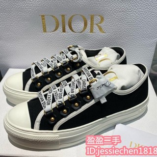 迪奧 DIOR 黑色 帆布 Walk'N'Dior 字母 鞋帶 休閒 運動鞋 35號