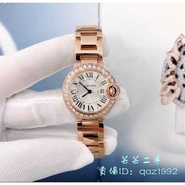 Cartier 卡地亞 藍氣球系列 18K玫瑰金鑲鑽 28mm 女士石英錶 腕錶 WE9002Z3
