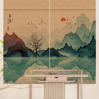 竹簾印花窗簾捲簾門簾隔斷中式竹窗簾陽臺遮光手拉陞降中式傢用招財進寶の優選店