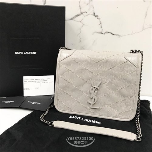 二手便宜出 YSL 583103 NIKI CHAIN WOC 聖羅蘭 鏈條包 流浪包 肩背包 斜挎包 灰白