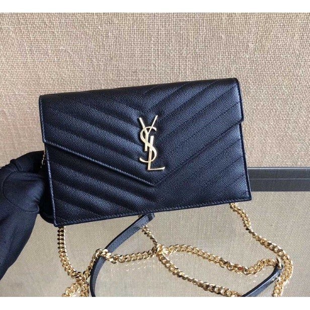 芷涵二手 YSL Saint Laurent 黑色荔枝皮金鍊 鏈帶包 肩背包 斜背包 19cm 小尺寸WOC