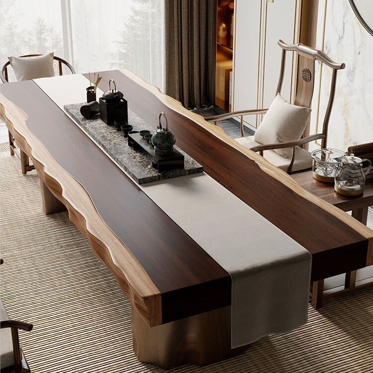 新中式自然邊大闆實木茶桌全套組閤原木不規則茶臺辦公室泡茶桌椅