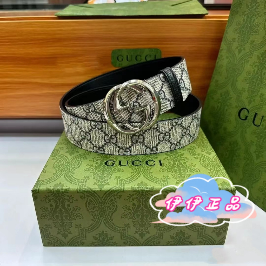 Gucci 古馳 370543 KGDHG G字搭扣GG Supreme 寶藍色 深棕色 皮帶 腰帶