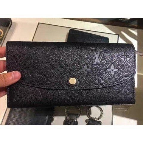 二手精品-LV 長夾 LOUIS VUITTON 撞色 黑色 壓紋 女款 扣式長夾EMILIE 錢包 M62369