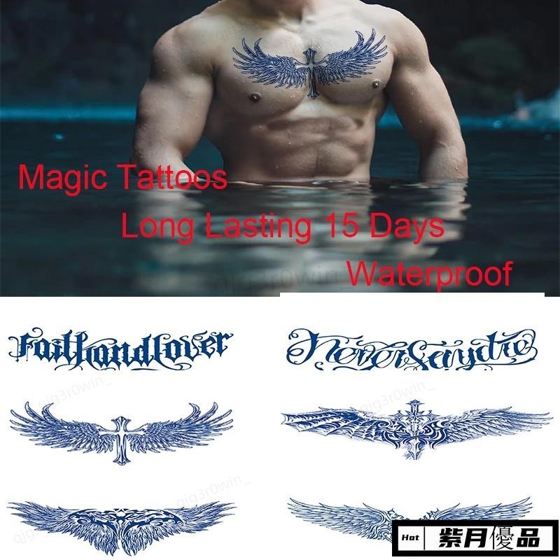 🚀台灣出貨💕大號魔術紋身貼紙藍色持久 15 天胸部紋身防水翅膀英文字母圖案