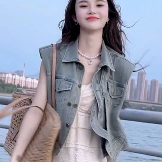 🌞夏季熱銷🌞 馬甲 馬甲外套 復古港風坎肩無袖牛仔馬甲外套女春夏季新款時尚洋氣休閑馬夾上衣