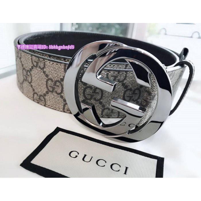 米娜正品 Gucci 男 皮帶 logo 菱格紋 真皮 腰帶 銀色皮帶頭 配件 全新