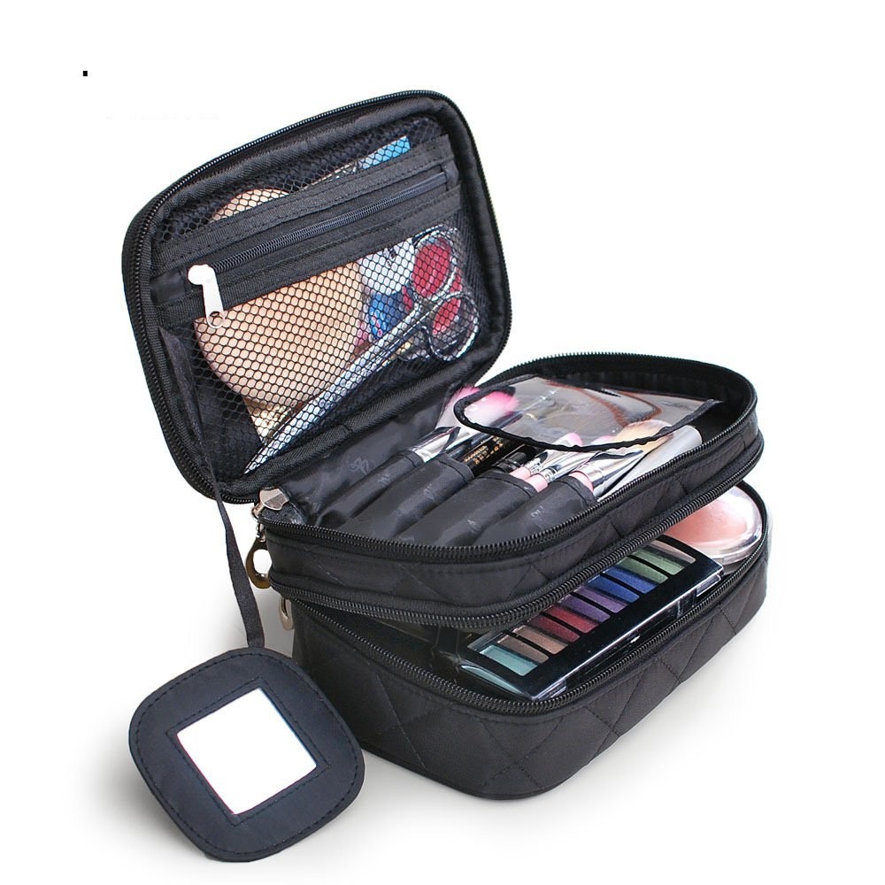 防水雙層化妝包創意幾何菱格洗漱包新款尼龍收納袋便攜化妝箱