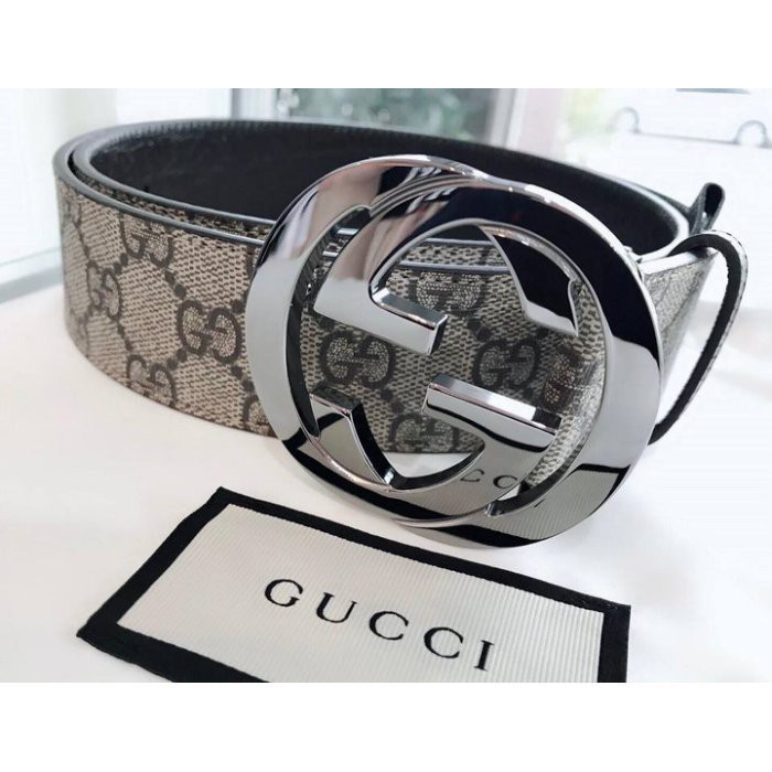 Gucci 男款 皮帶 logo 菱格紋 真皮 腰帶 銀色皮帶頭 配件 現貨