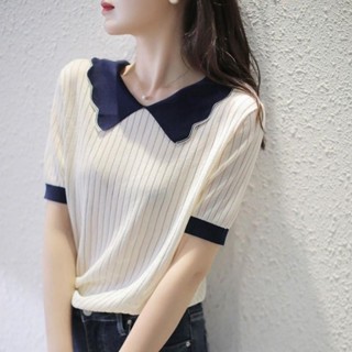 溫柔風娃娃領上衣女洋氣減齡夏季韓版寬松鏤空針織衫顯瘦百搭 大尺碼女裝 大尺碼上衣 短袖t恤 短袖上衣 氣質上衣 夏季女裝