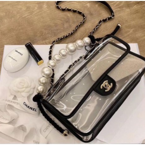 精品二手 Chanel 渡假系列 VIP 限量 大珍珠 透明 PVC 流沙包 AS0661