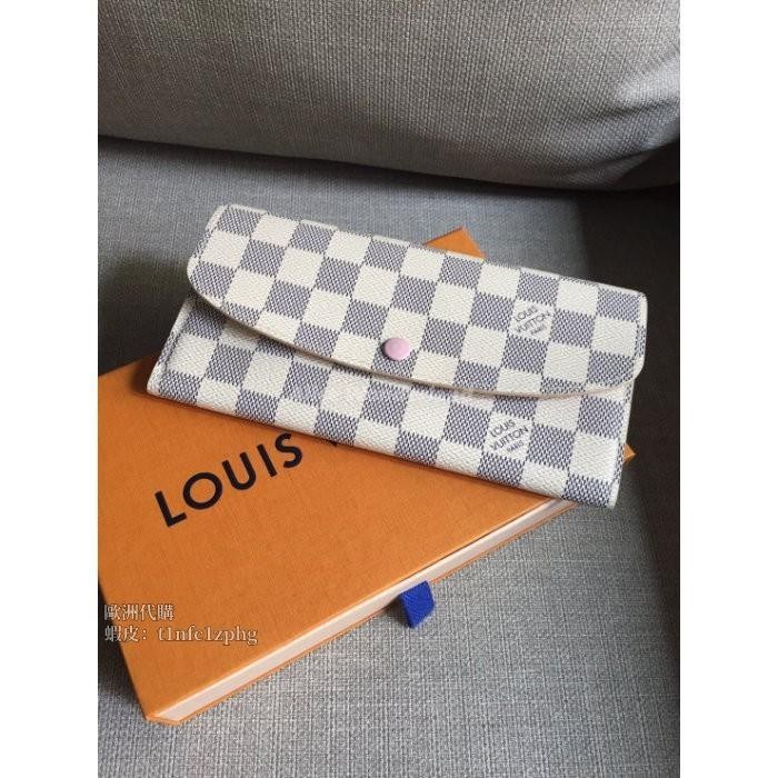 法國代購 Louis Vuitton LV N41625 Emilie 白色棋盤格 釦式長夾 錢包 粉色內襯 現貨