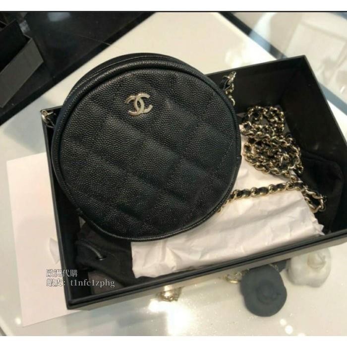 法國代購 Chanel 黑x淡金 荔枝牛皮圓形鏈條包 零錢包 鏈帶包 現貨