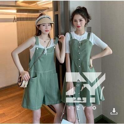 台灣免運丨兩件式M-4XL夏季大尺碼女裝新款閨蜜裝短袖T恤+酪梨綠顯瘦遮肚揹帶裙揹帶褲套裝