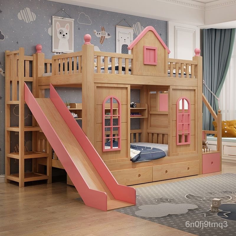 免運#兒童床上下床鋪雙層床全實木多功能高低床兩層櫸木公主城堡滑梯 GRHI