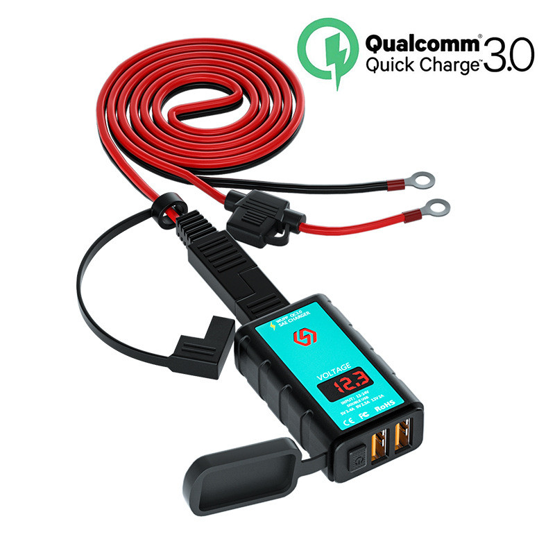 摩託車SAE插頭+1.4mOT端轉USB手機充電器雙QC3.0方形充電器電壓錶