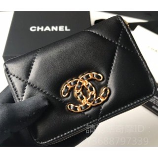 二手精品 CHANEL 香奈兒19系列經典金屬雙C LOGO菱格紋小羊皮拉鍊長夾(黑AP1063L-BLK-GP)