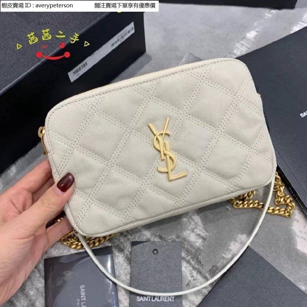 二手特价出Saint Laurent 羊皮菱格紋 YSL BECKY 608941 白色 雙拉鏈 雙夾層 相機包