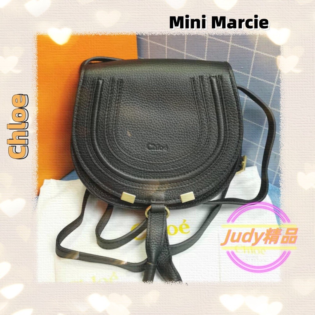 二手精品 Chloe/蔻依 Mini Marcie 迷你粒面小牛皮鈴鼓包/黑色/斜挎包/單肩包/馬鞍包