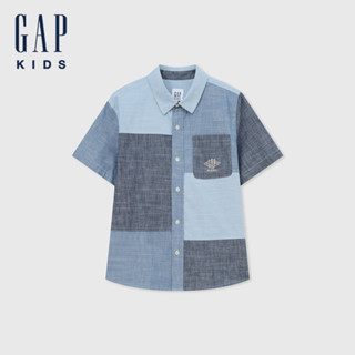 Gap 男童裝 Logo印花翻領短袖襯衫-藍色(466077)