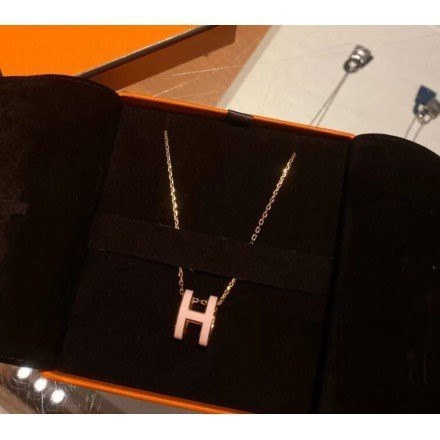 二手正品 Hermes 愛馬仕 經典橢圓 Pop H Logo 粉紅色 銀鍊項鍊~