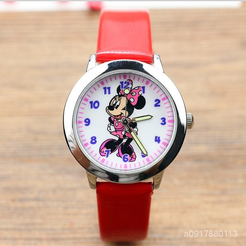 兒童手錶錶帶 通用款 🔥 韓版熱賣卡通wish米妮兒童皮帶手錶 夜光指針米老鼠石英手錶