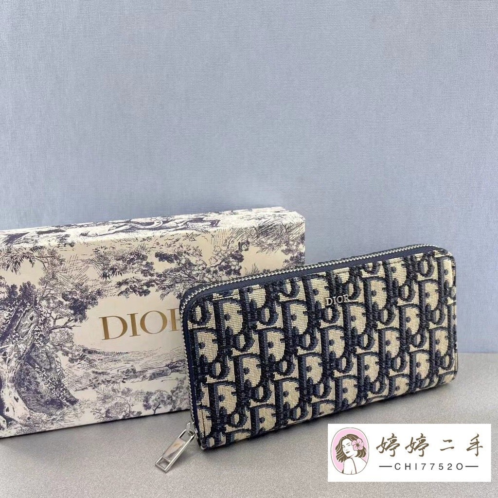 DIOR 迪奧 Oblique系列 老花 藍色刺繡 帆布 長夾 皮夾 錢包 手拿包