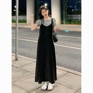 吊帶長裙黑色氣質夏季法式連衣裙子上衣小個子減齡套裝裙兩件套 大尺碼吊帶裙 連身裙 寬鬆吊帶裙 吊帶裙女 裙子女 大碼