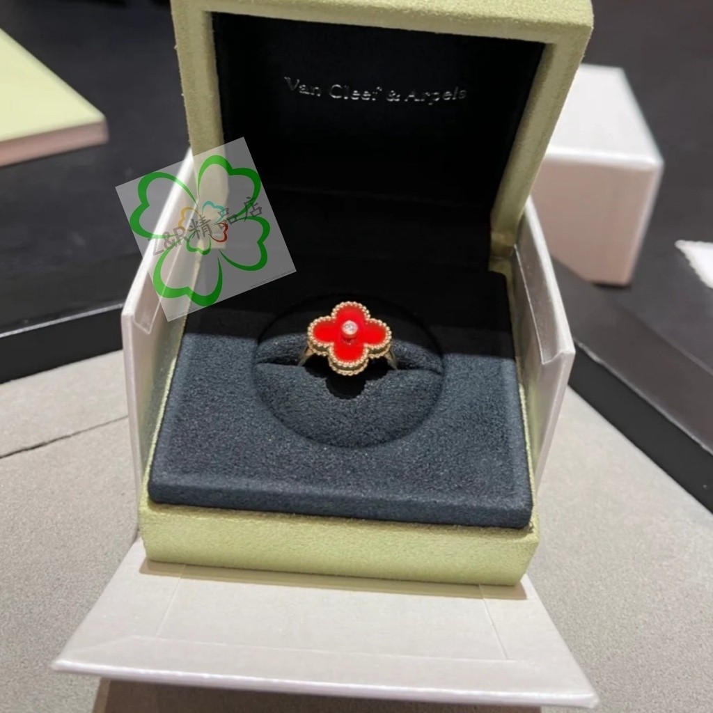 二手正品Van Cleef &amp; Arpels 梵克雅寶 紅玉髓四葉草戒指 女款 金紅色 VCARD40800