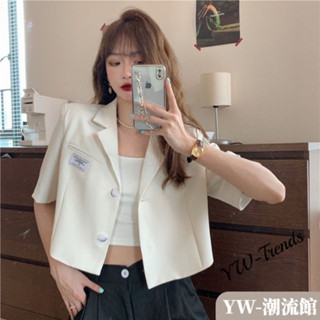 【YW】網紅小西裝外套女 新款夏季韓版小個子短袖上衣 寬鬆設計感短款外套女 短袖外套 女生外套