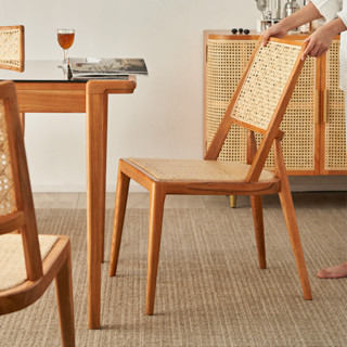 北歐實木復古藤編餐椅家用餐廳書桌靠背椅輕奢簡約中古椅休閑椅