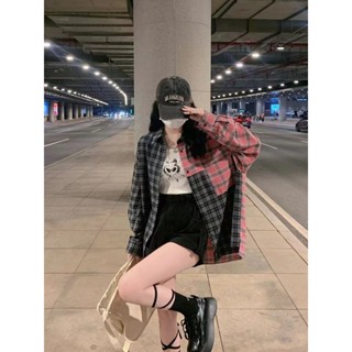 港味格子拼接不規則襯衫外套女秋季寬松休閑長袖防曬上衣