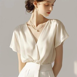 Yelly's~Shop氣質2024年新款法式通懃雪紡上衣職業夏季白色設計短袖襯衫襯衣潮