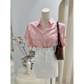 Yelly's~Shop粉色襯衣女設計感小衆薄款純棉寬鬆休閒上衣別緻捲邊短袖白襯衫夏