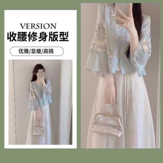 Yelly's~Shop新中式國風古裝漢服茶藝女唐裝改良刺繡上衣襯衫連衣裙夏季兩件套