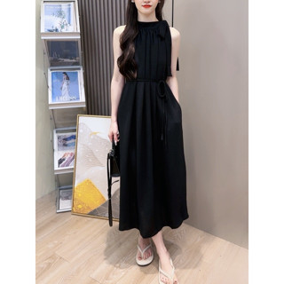 👚臺灣出貨👚法式超仙 名媛 掛脖露肩無袖 綁帶連身裙 長裙洋裝 寬松長裙 遮肉 顯瘦連身裙 度假風 垂感長裙 法式連身裙