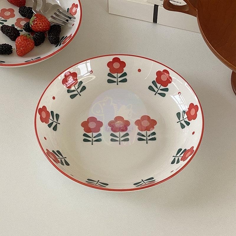 熱銷好物✨ins風 小紅花陶瓷餐盤 米飯碗 少女心 高顏值 花卉深盤 飯盤 家用早餐盤 優格碗