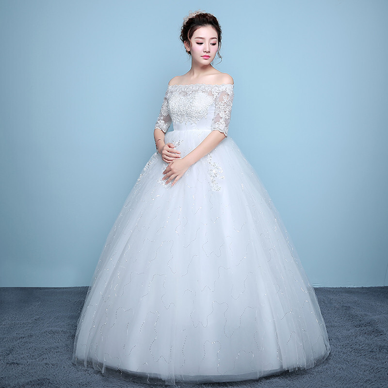 韓式婚紗新款新娘婚紗裙中學生成人禮齊地一字肩顯瘦修身孕婦 【北極星賣場】