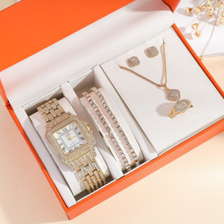 Yelly's~Shop6pcs/set女士時尚鋼帶大錶盤滿鑽石英腕錶+ins風飾品套裝