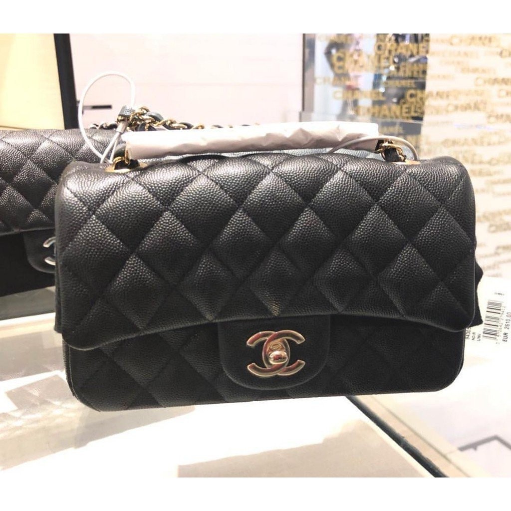 精品現貨 CHANEL 小牛皮荔枝紋黑色金鍊CCMINICOCO20CM