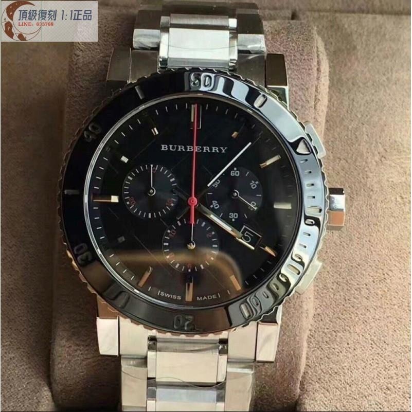 高端 Burberry戰馬手錶BU9380黑色錶面三眼不鏽鋼帶男錶日曆防水瑞士石英錶