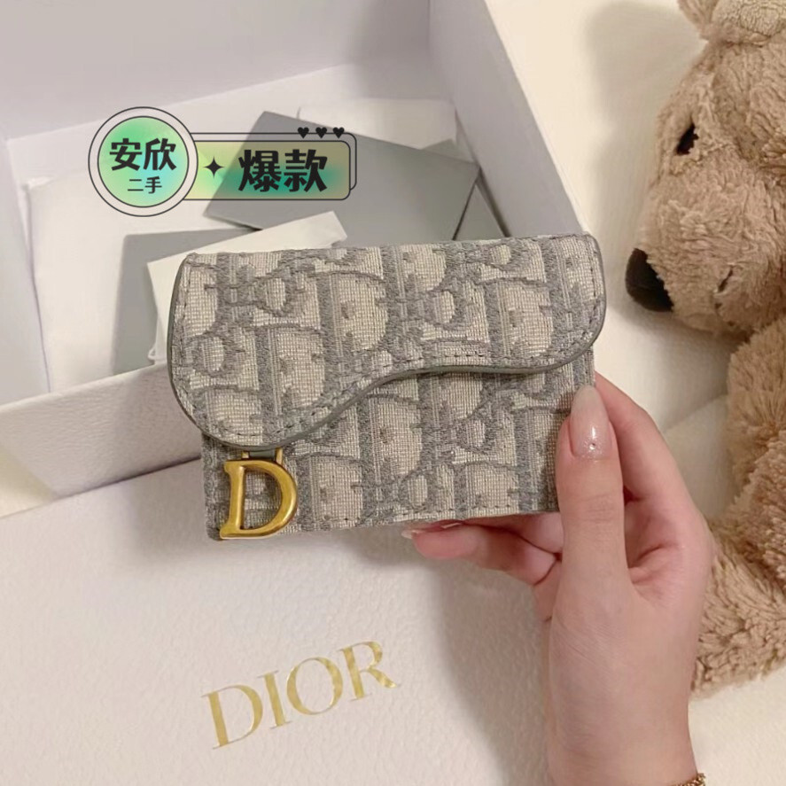 DIOR 迪奧 Oblique 印花 灰色 馬鞍卡包 LOTUS 按扣口蓋錢包 卡包 零錢包