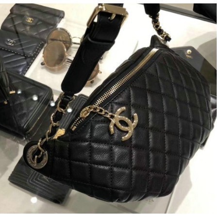 二手 Chanel Waist Bag 黑色金CC拼接金鍊菱格紋腰包現貨