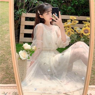 夏季洋裝👗法式甜美網紗僊女裙夏季2024年新款氣質收腰顯瘦泡泡袖連衣裙女裝 洋裝 連身裙 白色洋裝