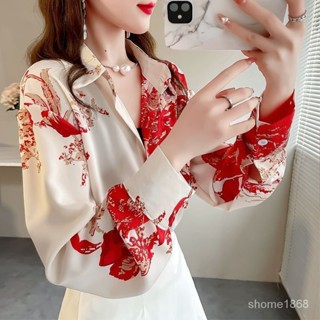 美爆啦📣小眾法式甜美上衣2024年春季新款中長款襯衫女翻領印花氣質襯衣女 HXKW