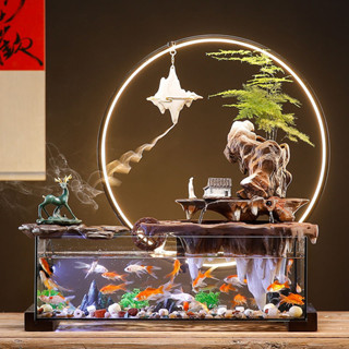 風水擺件/破損補髮/創意免換水生態玻璃魚缸造景假山流水擺件迴圈水客廳辦公室裝飾品
