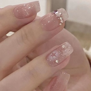 🎀約48H出貨🎀 純手工穿戴甲裸色爆閃星星貓眼甜酷ins風短款多巴胺新娘冰透美甲 手工穿帶甲 美甲 美甲貼片 指甲貼片