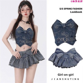 夏天套裝🎀少也眼末日玫瑰 y2k千禧辣妹牛仔抹胸短款上衣女夏季深色吊帶背心