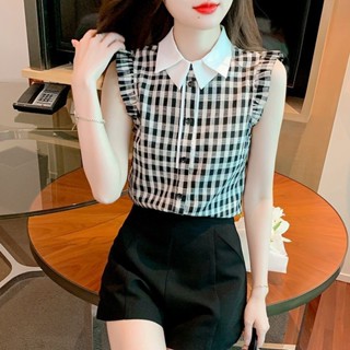 LW湯圓女裝-格子襯衫女2024年新款夏季設計感小眾遮肚子顯瘦氣質法式無袖上衣/襯衫/cs