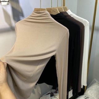 【PETESEVE】高領蕾絲打底衫👕長袖打底衫女內搭t恤女秋冬2024新款面膜T細螺紋半高領黑色上衣潮